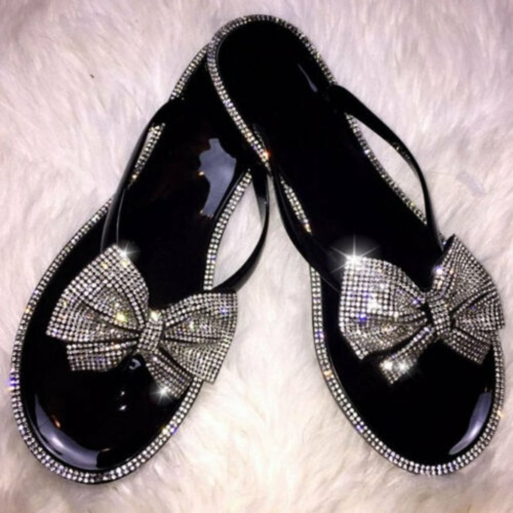 NEW Bling Diamante Rhinestone Bow Jelly Slide Sandals Flip Flops Thong Open Toe - Picture 3 of 3